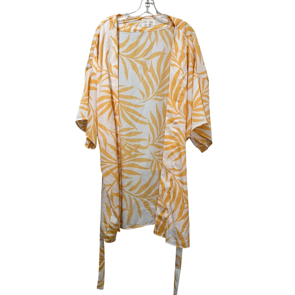 Maison Du Soir Yellow White Palm Leaf Tropical Robe Kimono Cover Up Size M/L